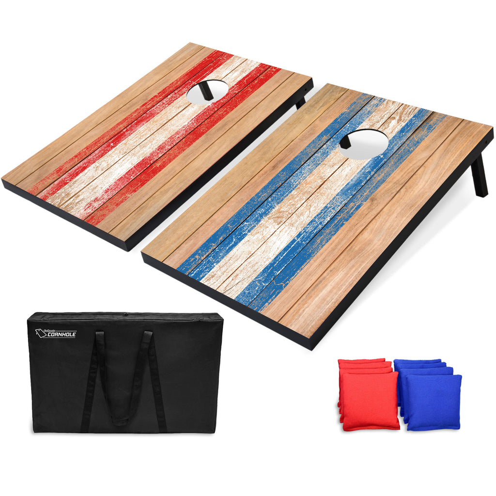 two smaller cornhole board rustic theme 4 red 4 blue cornhole bags