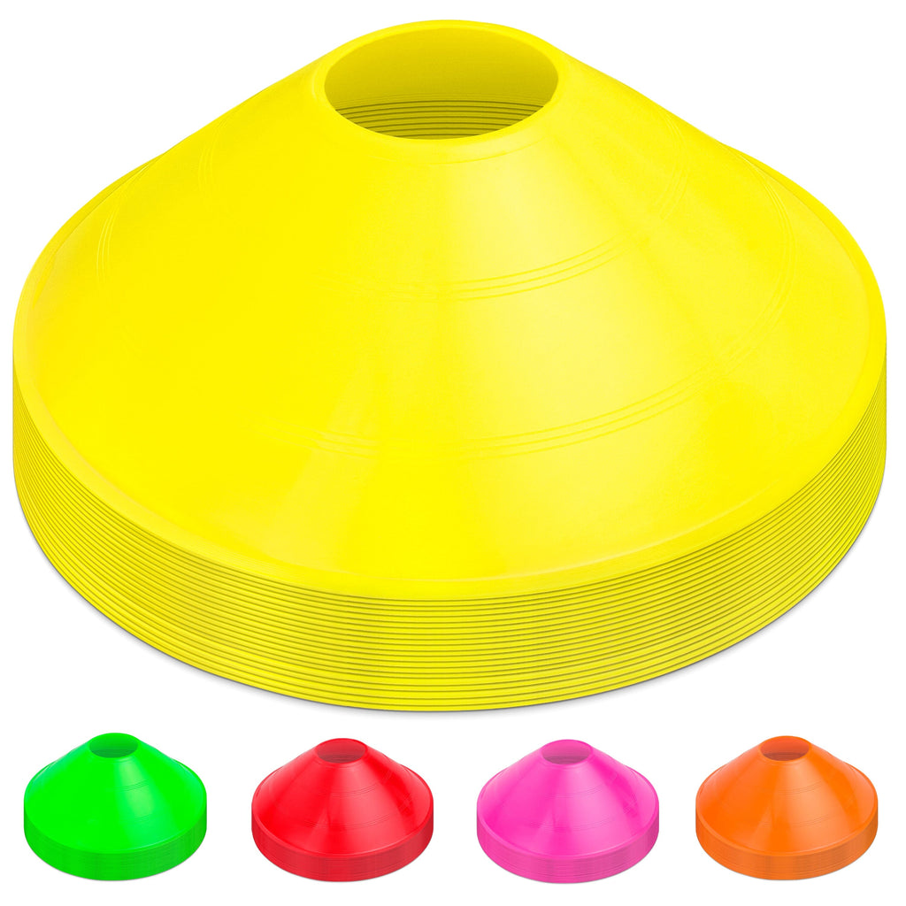 a yellow plastic cone with four different colored cones