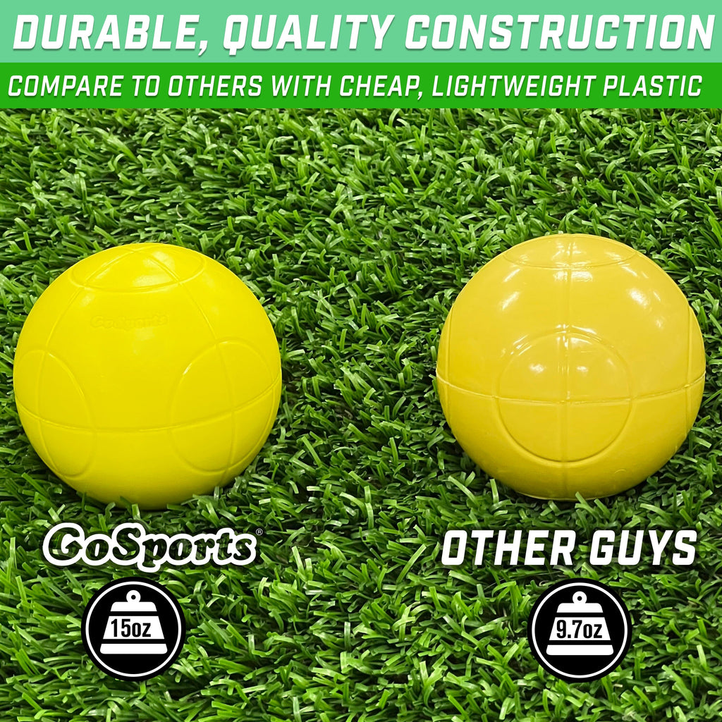 two yellow bocce balls on grass with the words GoSports at 15 oz, the other guys 9.7 oz dual construction