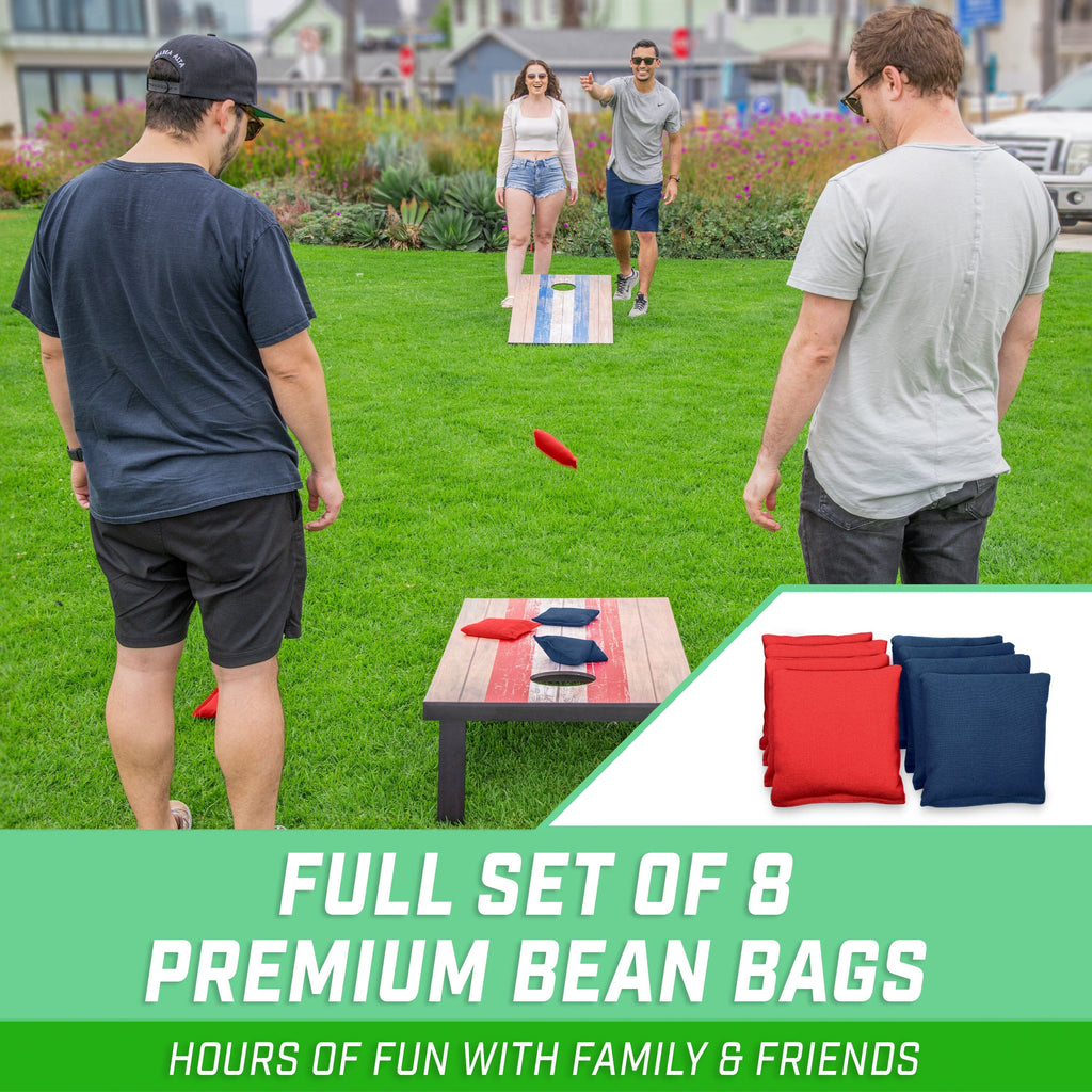 a group of people playing cornhole text displayed full set of 8 premium bean bags hours of fun with family and friends