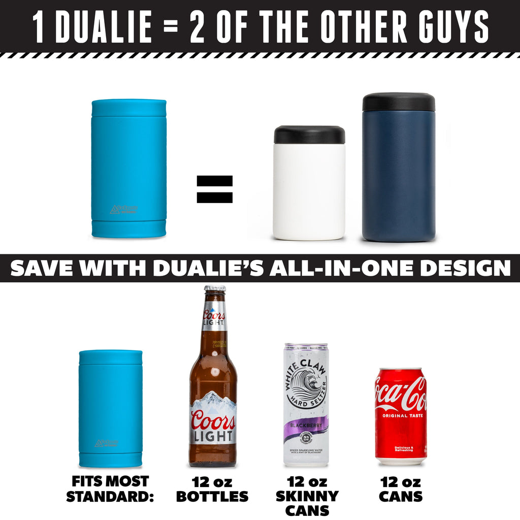 DUALIE 3 in 1 Insulated Can Cooler - Universal Size for 12 oz Cans, Slim Cans, and Bottles - Glacier GoSports 