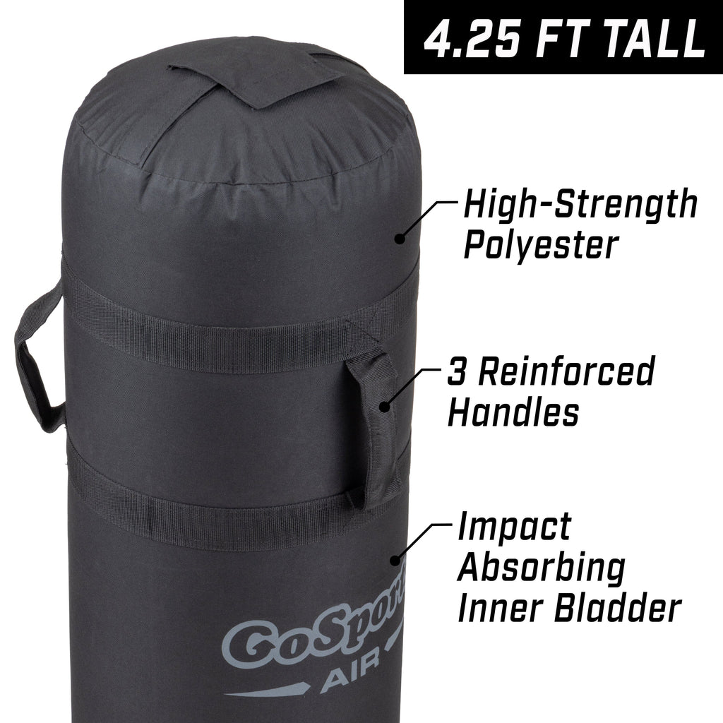 Black inflatable 4.25 feet tall high strength polyester, 3 reinforced handles and impact absorbing inner bladder