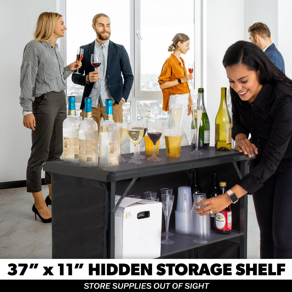 a woman is grabbing a cup from shelf on the bar table hidden storage shelf 37 inches to 11 inches