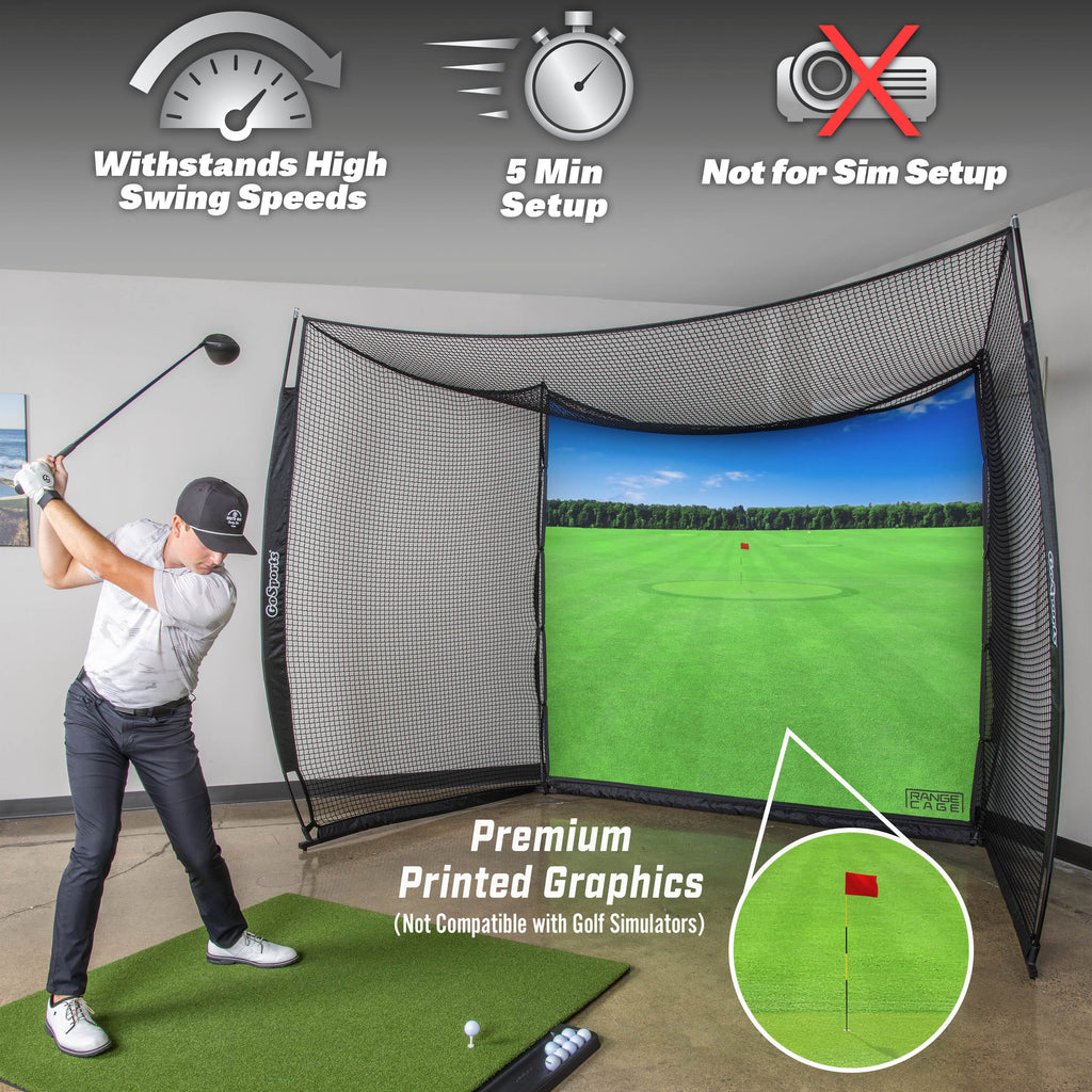 a golf simulator with a golf ball and driver