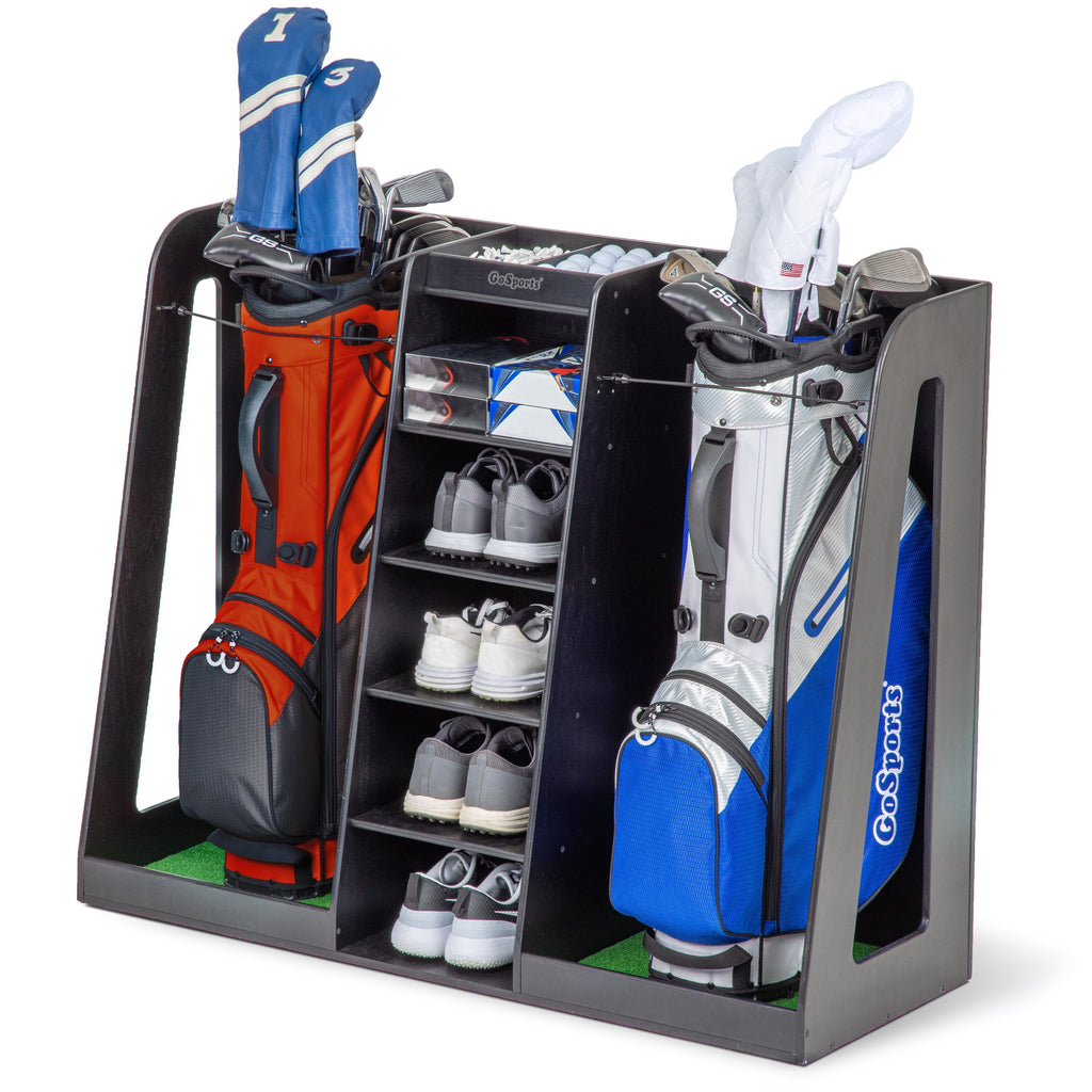 a golf bag and a bag in a wooden holder