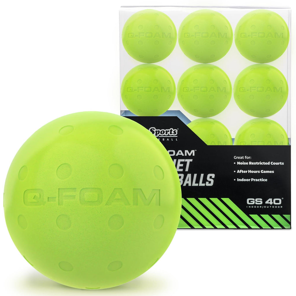 Green foam ball with words Q-FOAM on the ball and package of a 12 pack in the back