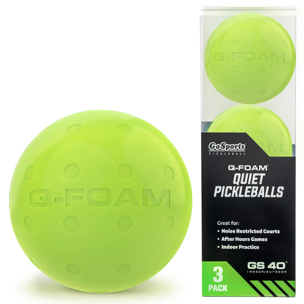 Green foam ball with words Q-FOAM on the ball and package of a 4 pack in the back