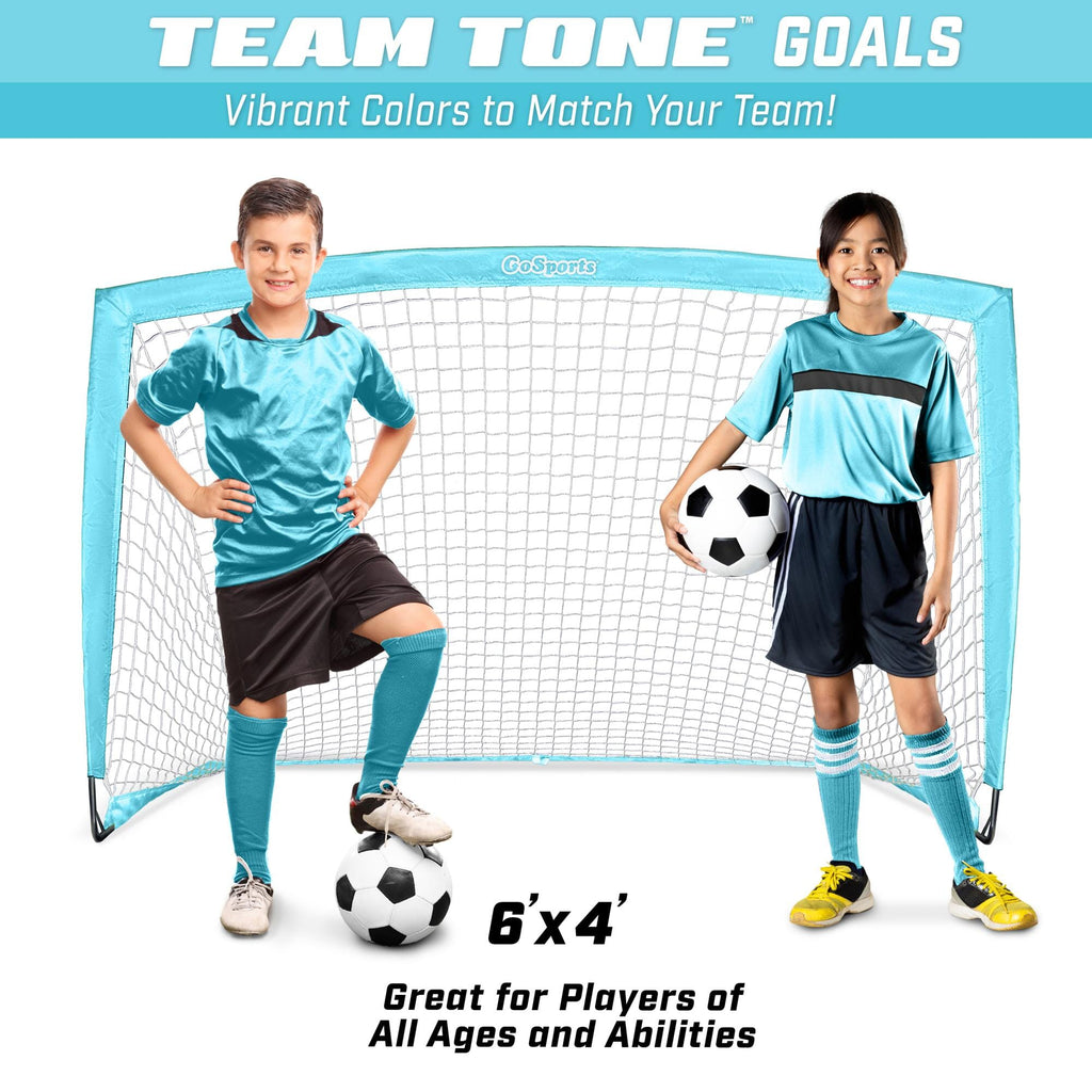 a boy and girl in soccer uniforms with the text team one goal