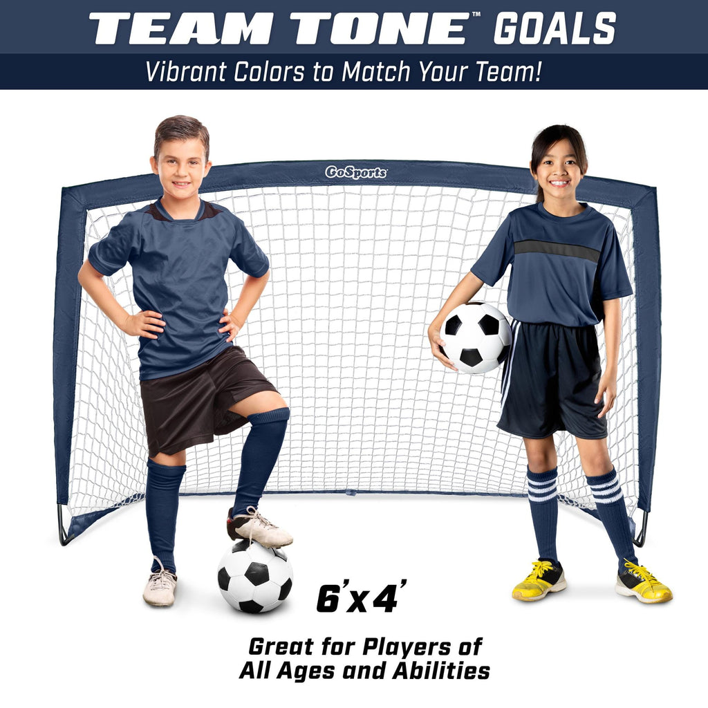 a boy and girl in soccer uniforms with the text team one goal