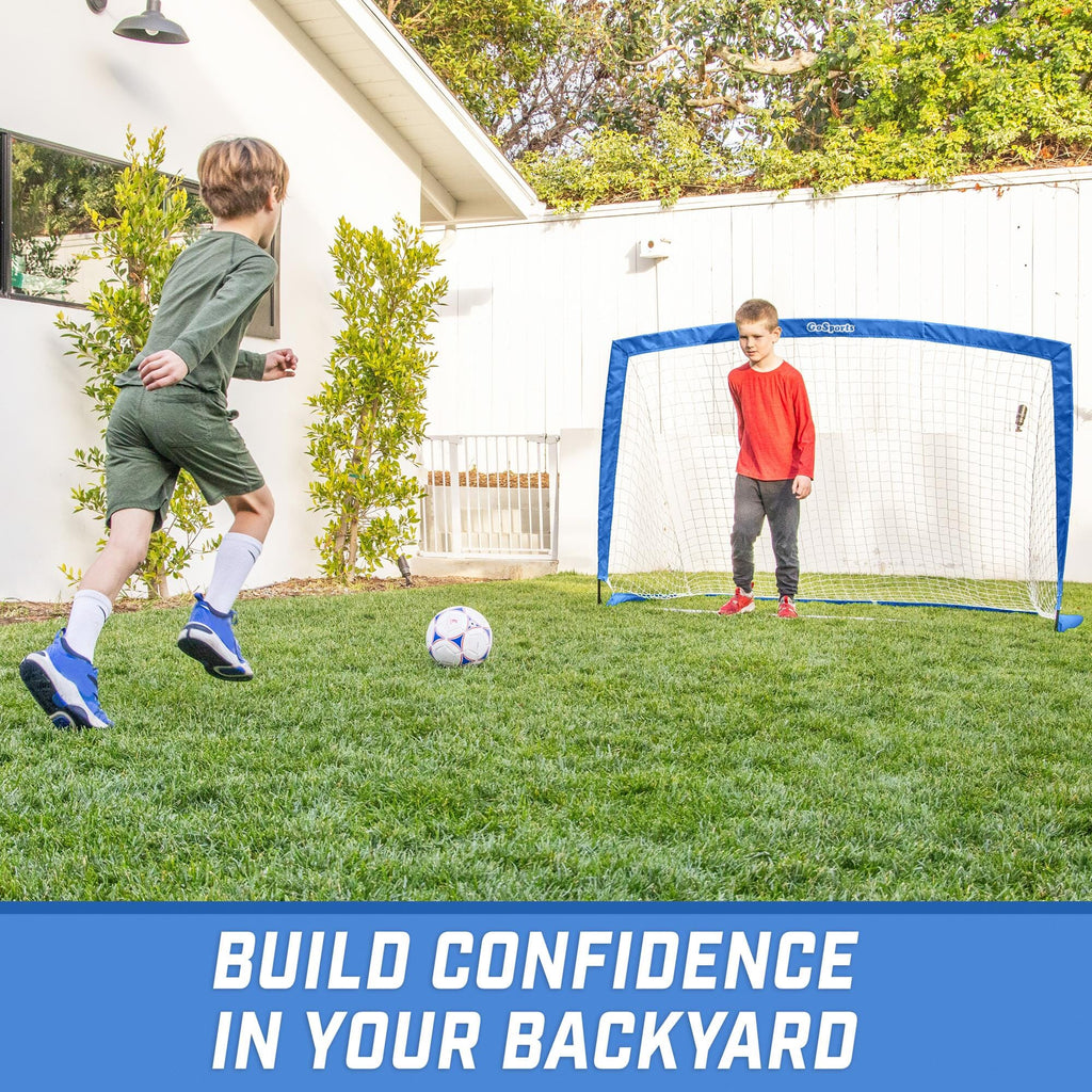 a boy kicking a soccer ball in the yard with the text, build your backyard soccer game