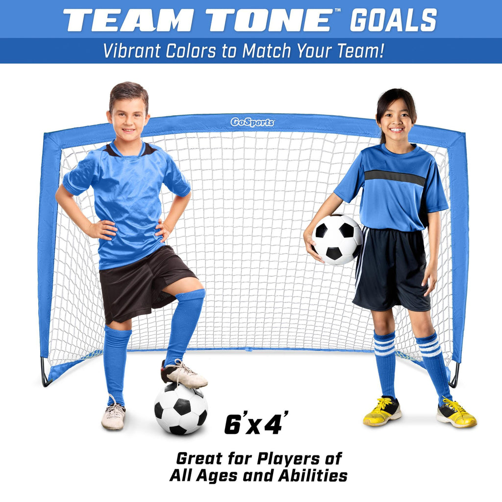 a boy and girl in soccer uniforms with the text team one goal