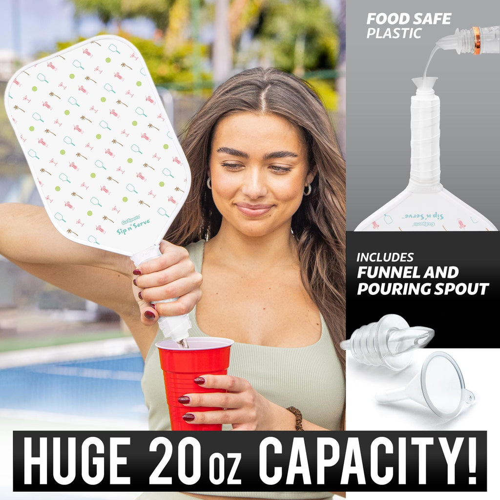 woman pouring liquid in cup from pickleball paddle text display huge 20oz capacity