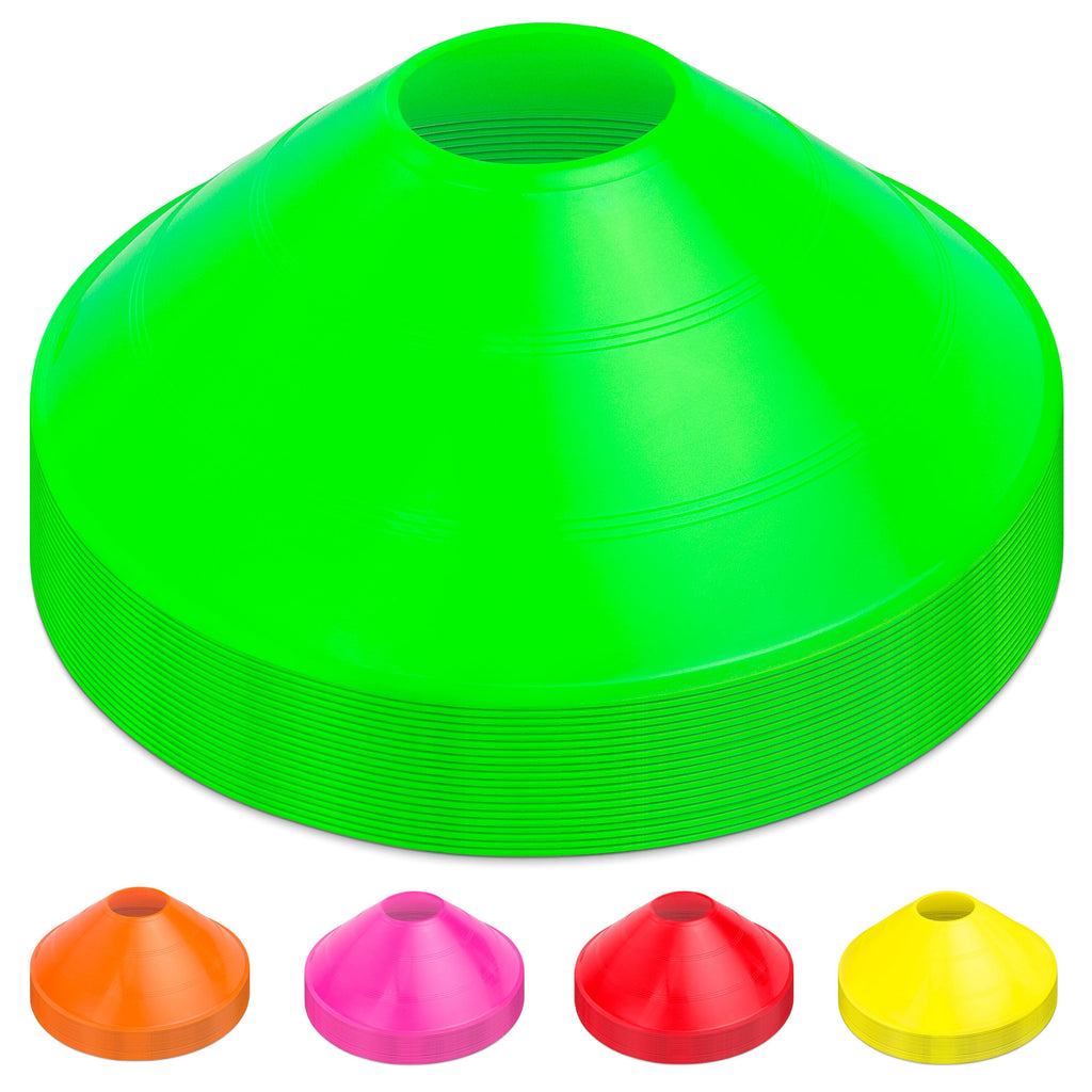 a green plastic cone with four different colored cones