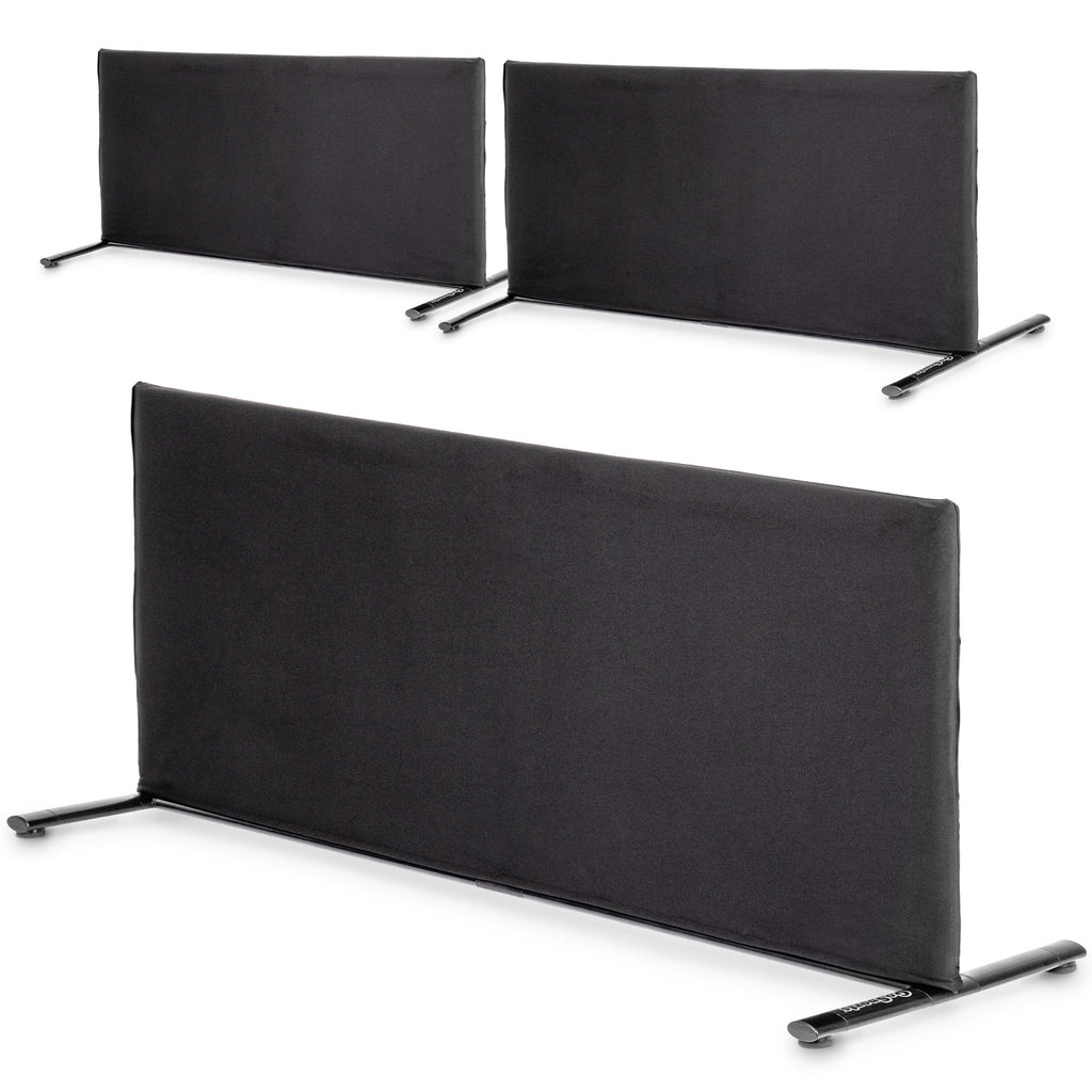 a black fabric screen with two black metal legs