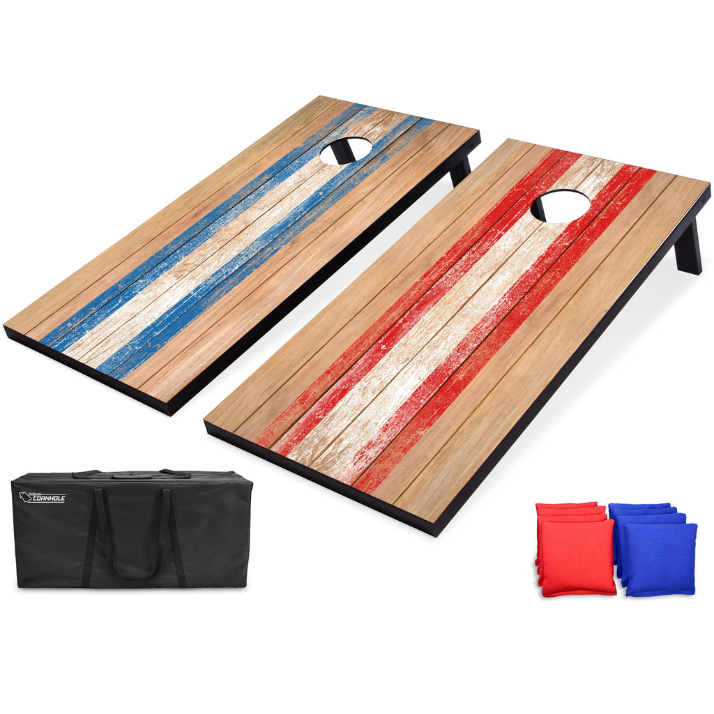 two cornhole board rustic theme 4 red 4 blue cornhole bags