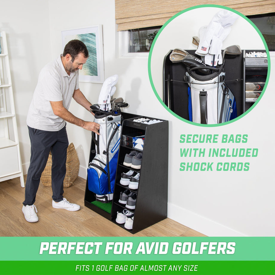 GoSports Double Premium Wooden Golf Bag Organizer and Storage Rack - B –