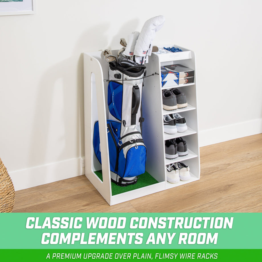 GoSports Double Premium Wooden Golf Bag Organizer and Storage Rack